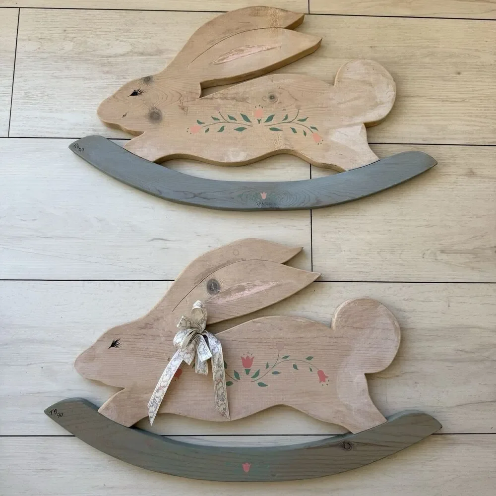 2 Handmade Wood Bunnies / Rabbits Wall Decor Cottage Core Farm House Prairie