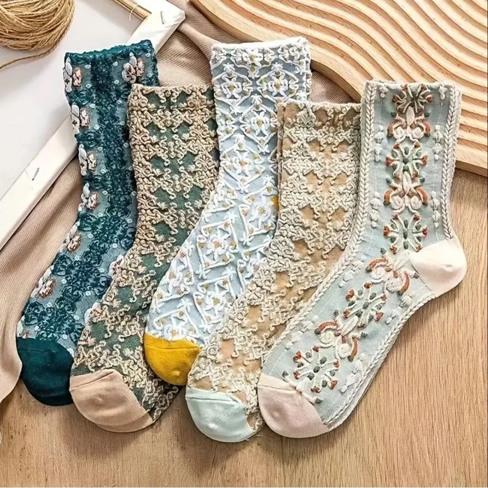 Women’s Socks Embroidery Floral Socks 5pairs Geometric Textured Mid Calf Socks