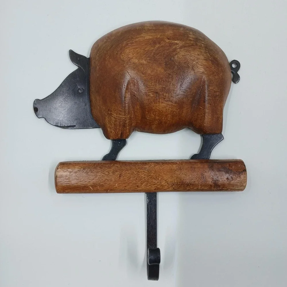 Pier 1 Pig Wall Hook Rustic Wood Metal Farmhouse Kitchen Towel Coat‎ Hanger Bath
