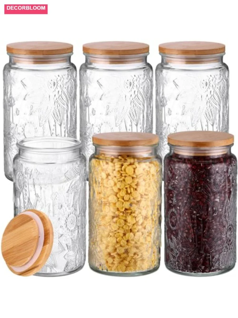 6 Vintage Glass Jars with Bamboo Lids - Airtight Food Storage - 34 oz