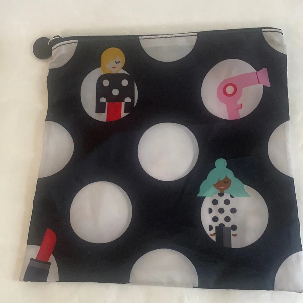 SEPHORA Cosmetics Bag Black Polka Dotted Nylon 8”x8” NWOT