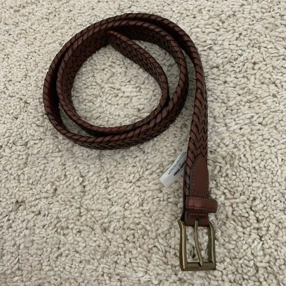 Lands’ End Leather Braided Belt Mens Sz 42 Brown Brass Buckle Adjustable