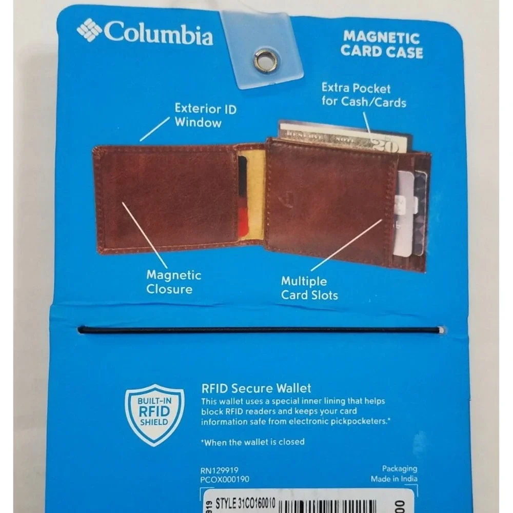 Columbia Brown Leather Men Wallet Card Case w Magnetic Closure RIFD Security NEW