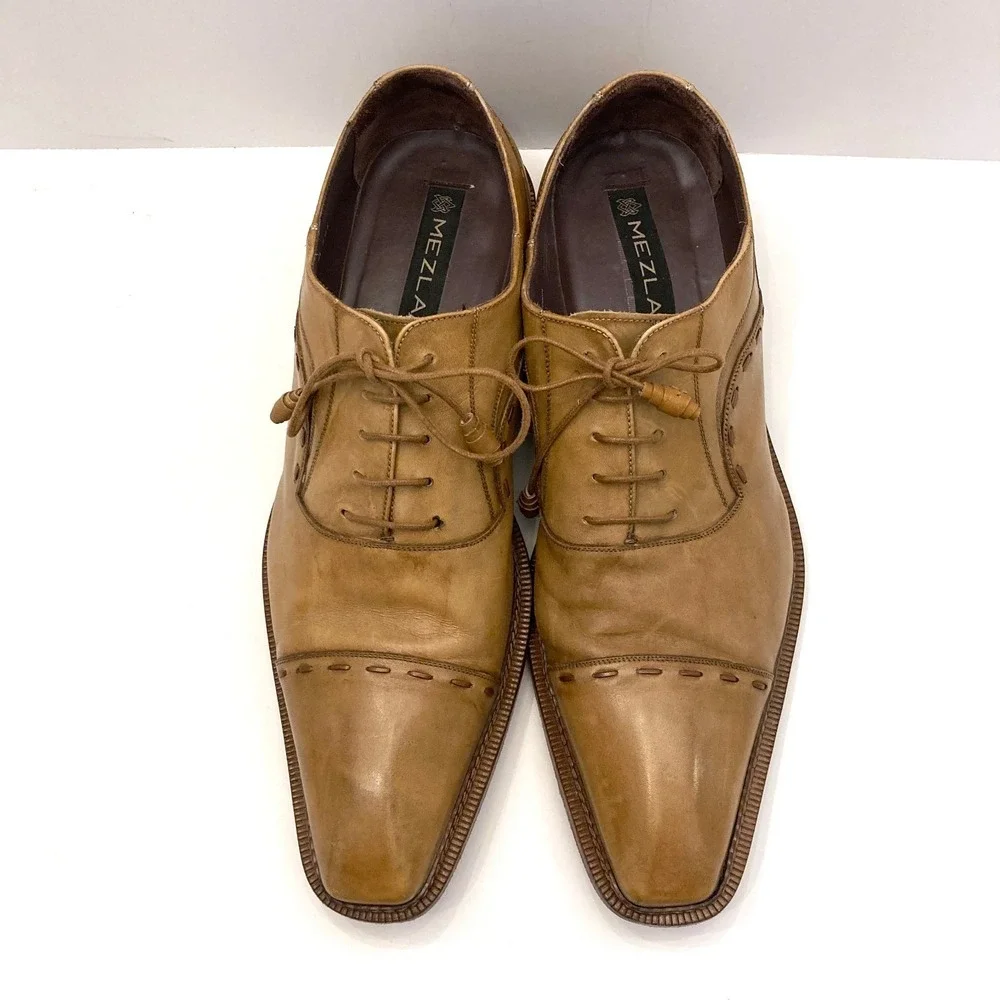 Mezlan Coppola Leather Oxford Shoes‎ Mens 13 Tan Brown Stitching Cap Toe
