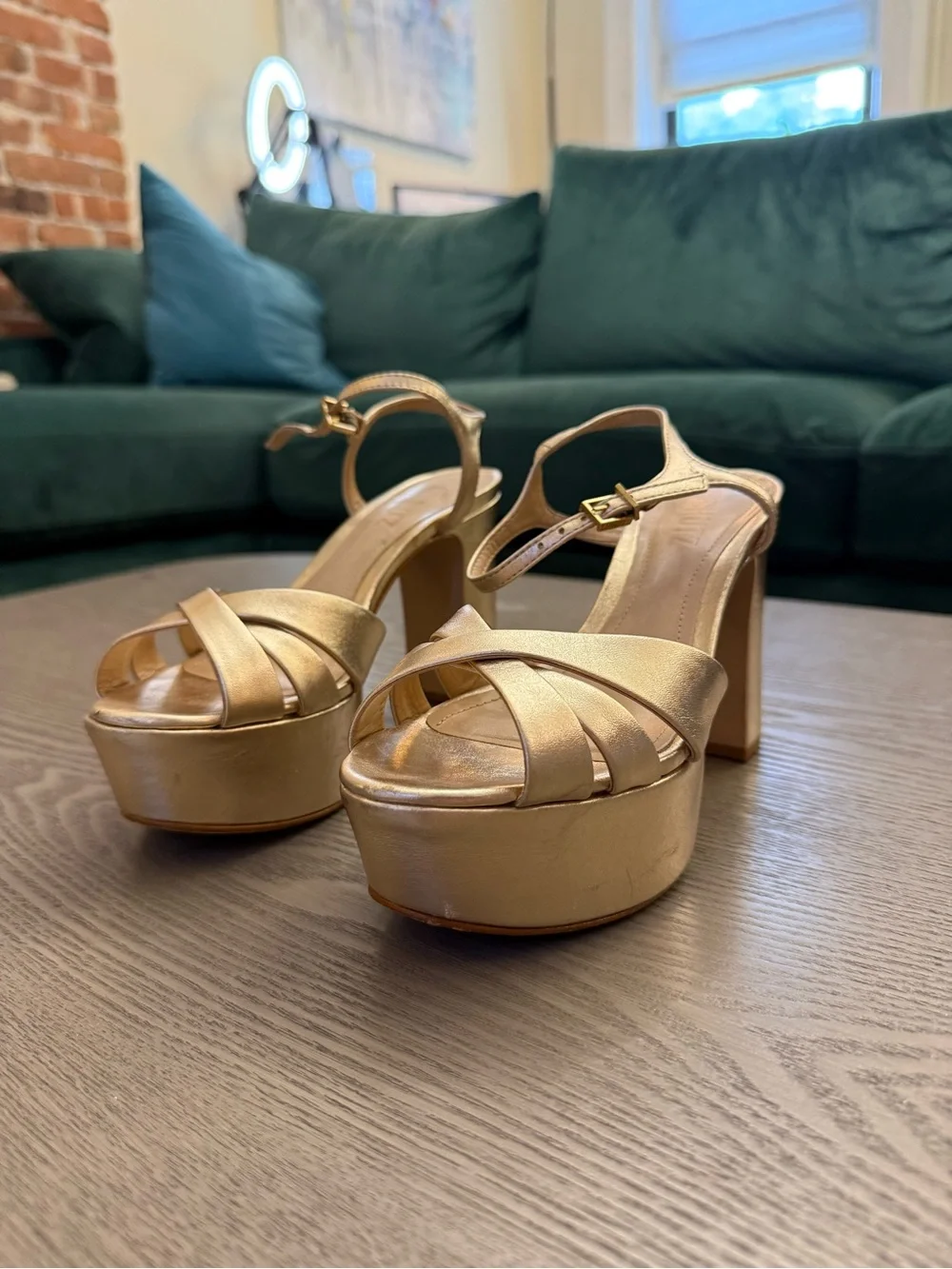 SCHUTZ Gold Satin Platform Block Heel Sandals