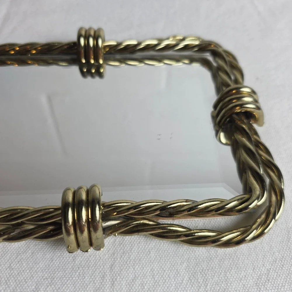 Vintage Brass Twisted Rope Wall Mirror Beveled Glass Gold Tray Hollywood Glam