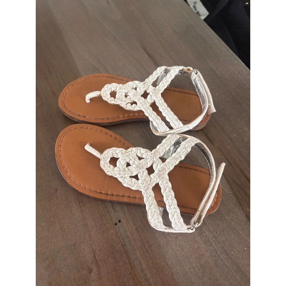 Wonder Nation Girls White Braided T-Strap Thong Sandals Size 9 Hook and Loop