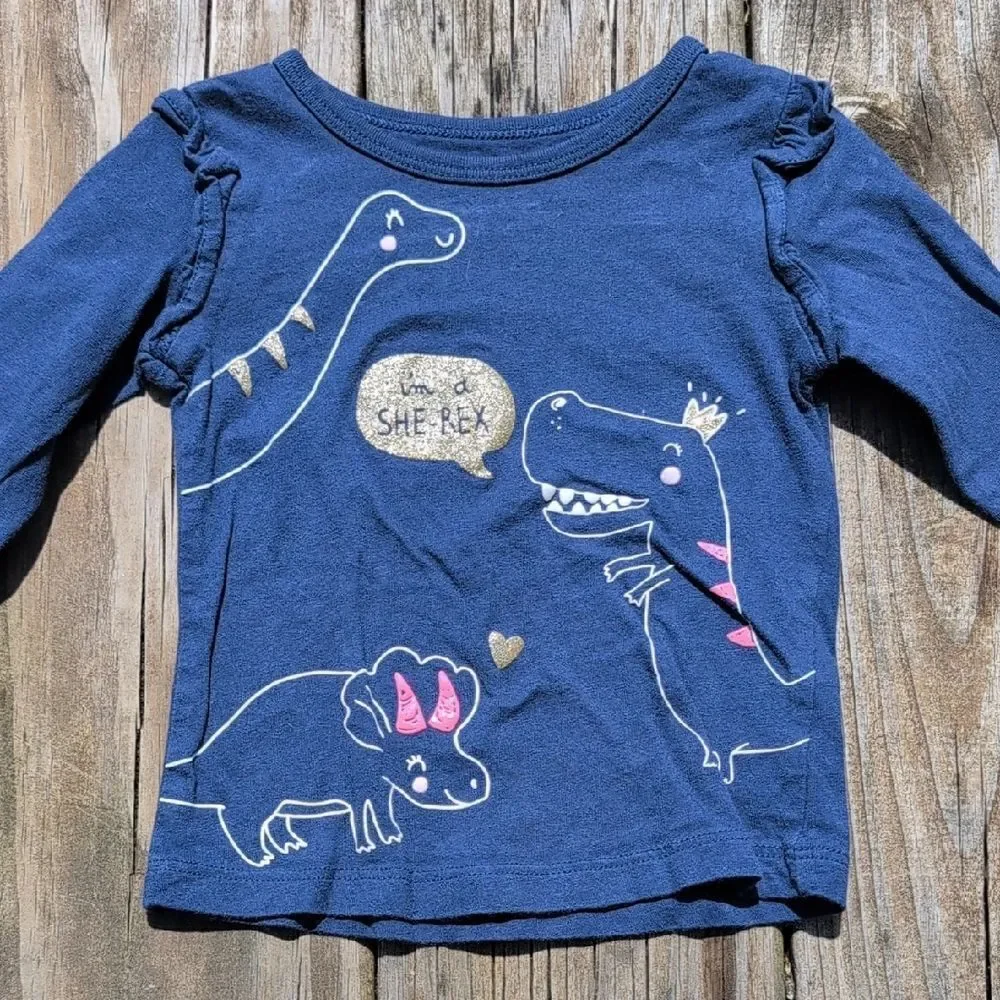 Carter's 18 Month Girls Blue Long Sleeve Gold Glitter She Rex Tee Shirt