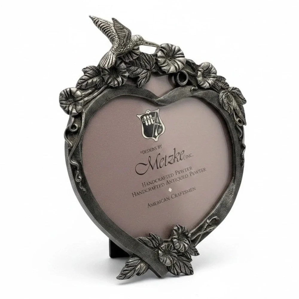 Vintage Metzke Pewter Heart Picture Frame Hummgingbird Floral Morning Glory