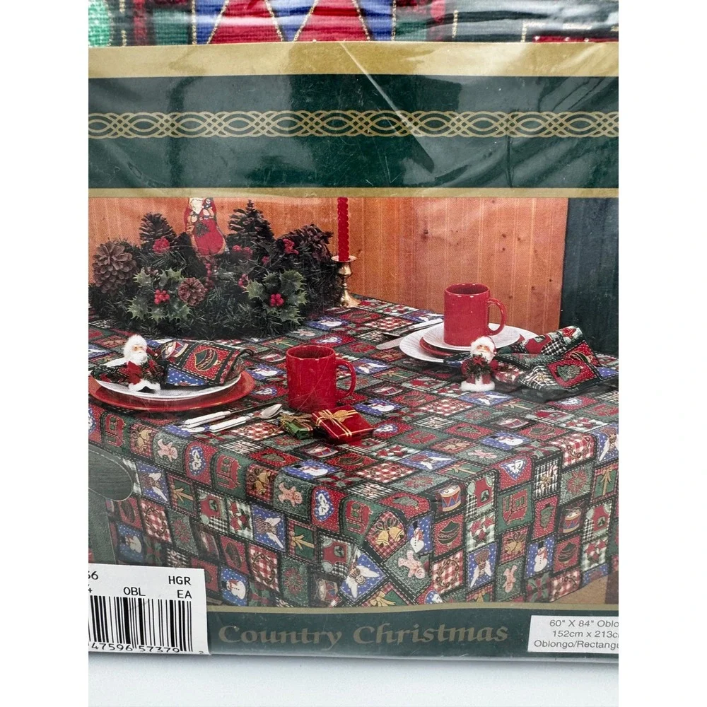 New Vintage Bardwil Country Christmas Patchwork Tablecloth 60x84 Oblong Woven