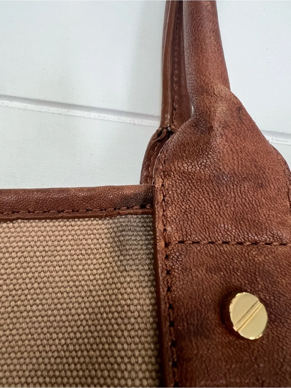 Tory Burch Ella Tote Canvas Bag Yellow Stripe and Brown Leather Trim Logo
