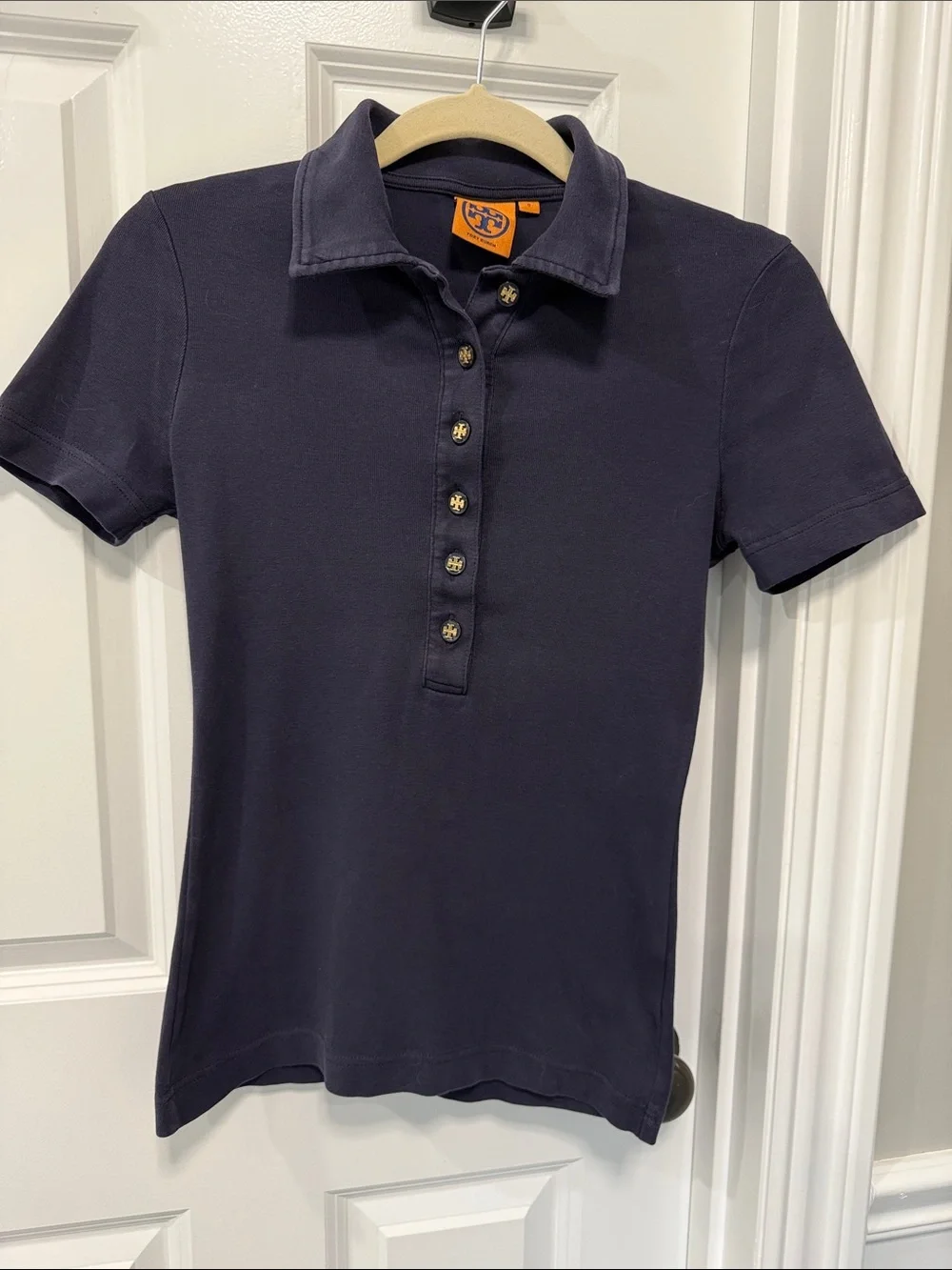 Tory Burch Navy Short-Sleeve Button Polo with Logo Buttons