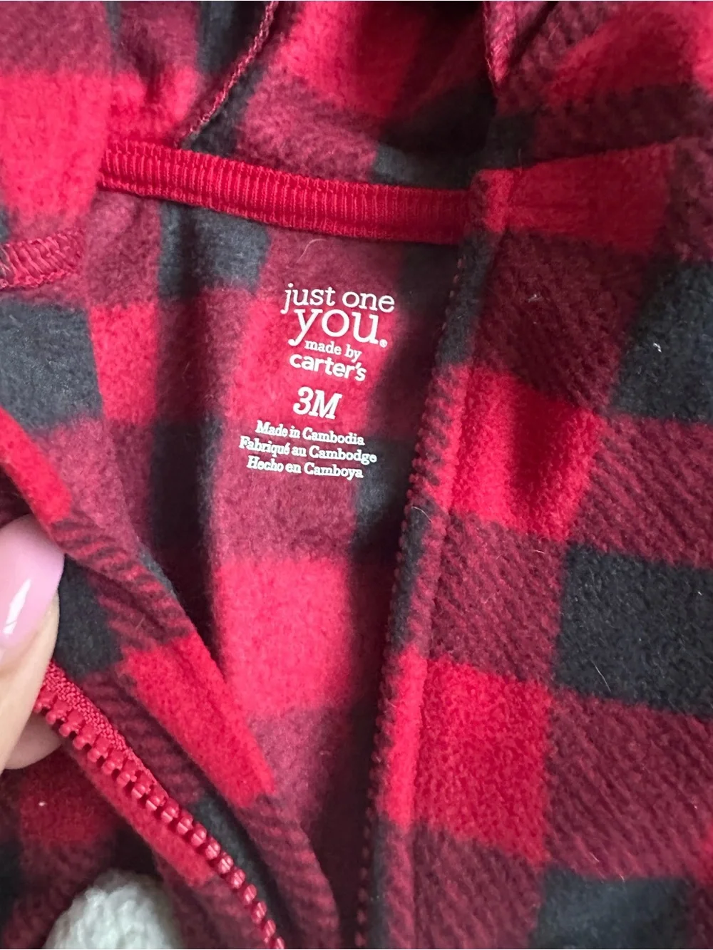 Carter's Red and Black Buffalo Plaid Hooded One-Piece with Bear Pocket