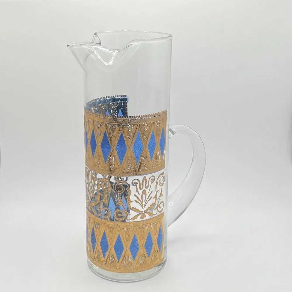 Vintage MCM West Virginia Glass Rainer 22K Gold & Blue Martini Pitcher Rare
