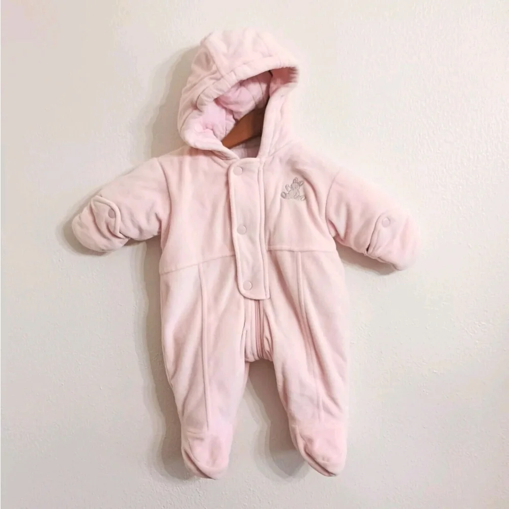 Vintage Carter's Pink Velour Plush Soft Snowsuit Girls 3-6 Mo Hooded Bunny