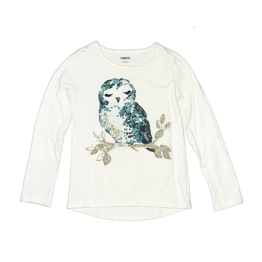 Gymboree Long Sleeve White w Teal Owl on Front T-Shirt Size 7 EUC