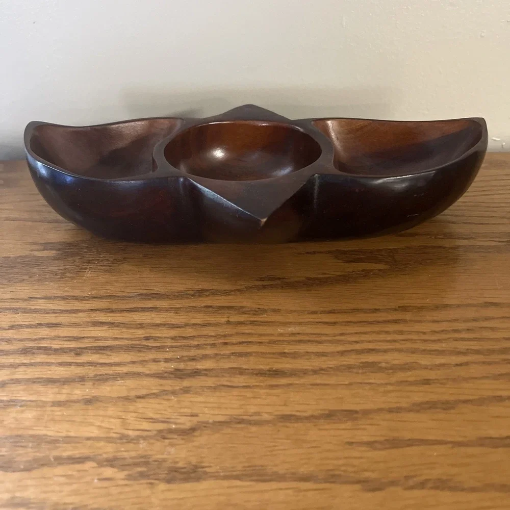 Vintage Solid Wood Bowl Divided Nut Dish Coin Tray Geometric MCM‎ Rare Shape