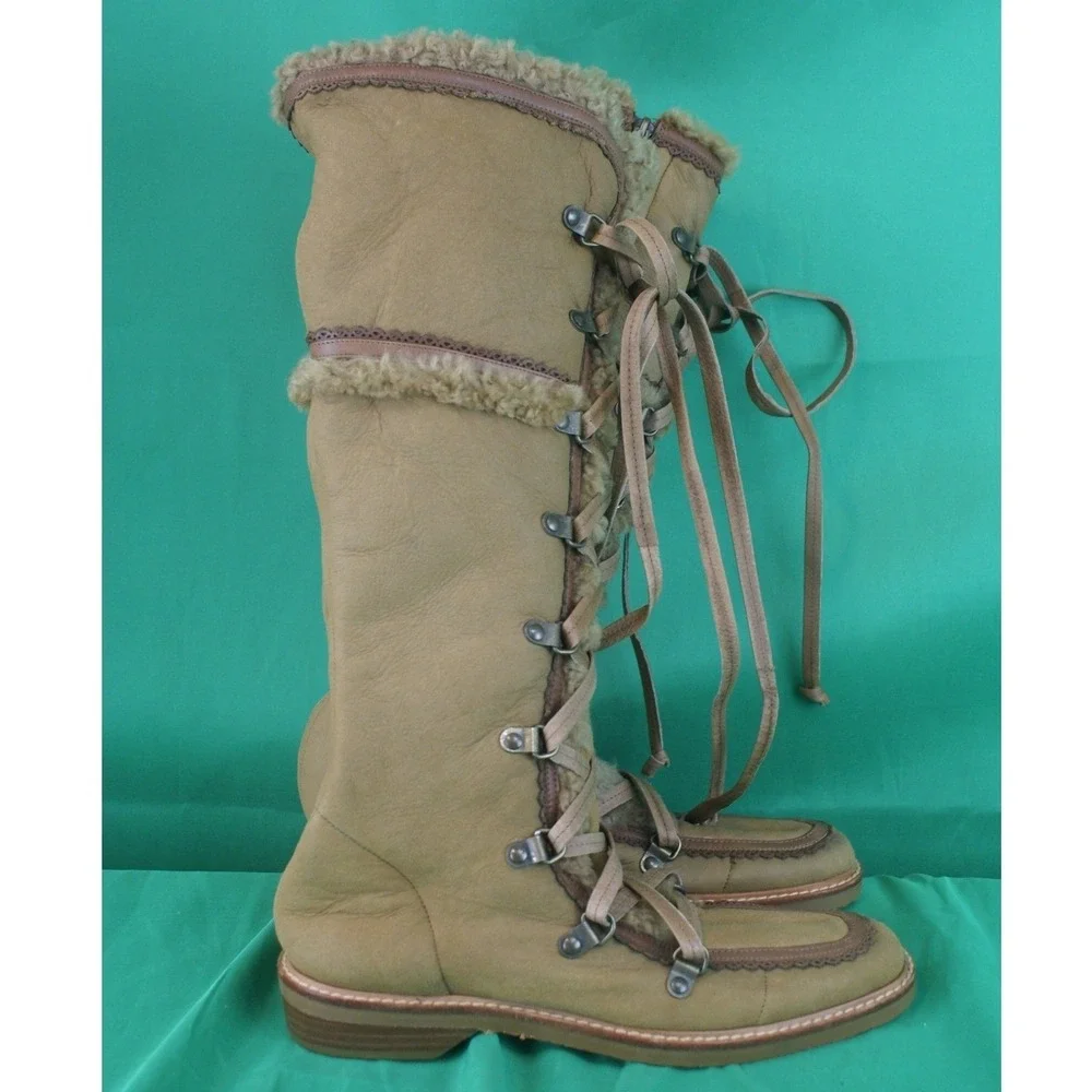 Cole Haan Tan Leather Shearling Lined Tall Lace Up Boots Zip Scalloped Trim W7.5