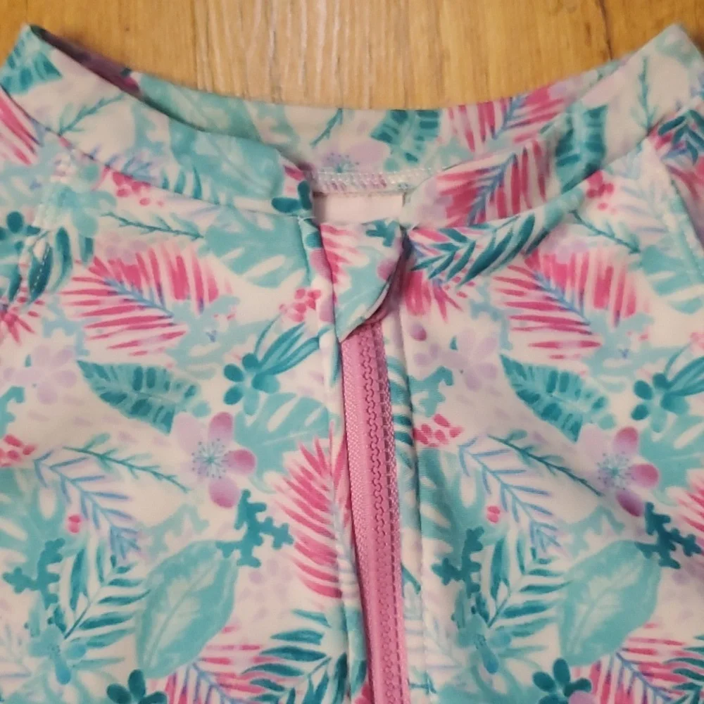 More Than Magic One‎ Piece Aqua and Pink Leaves Zip Up Swimsuit Size Girls 7-8