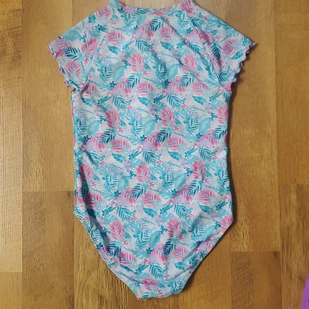 More Than Magic One‎ Piece Aqua and Pink Leaves Zip Up Swimsuit Size Girls 7-8