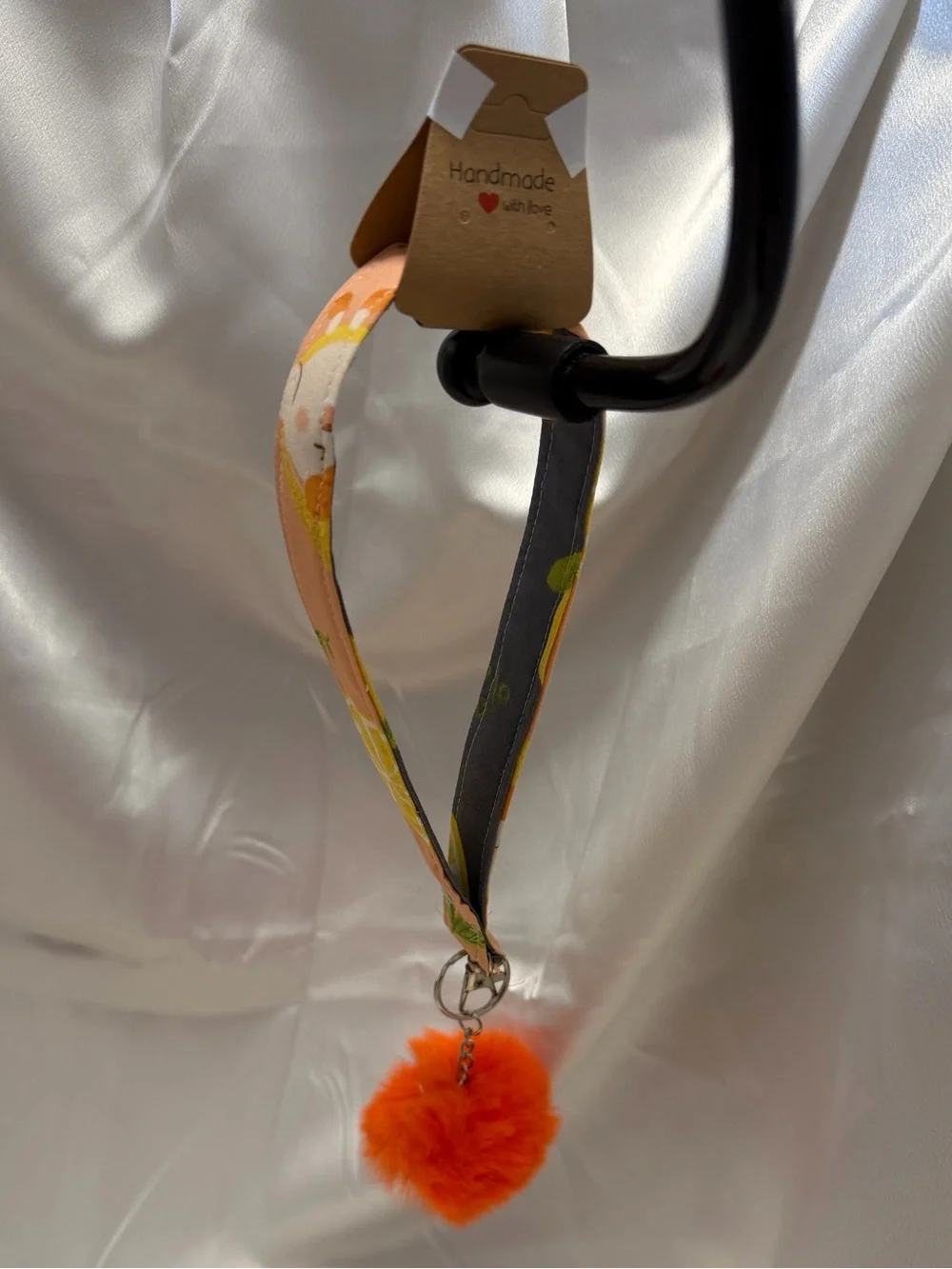 Handmade Orange Pattern Wristlet Keychain with Orange Pompom