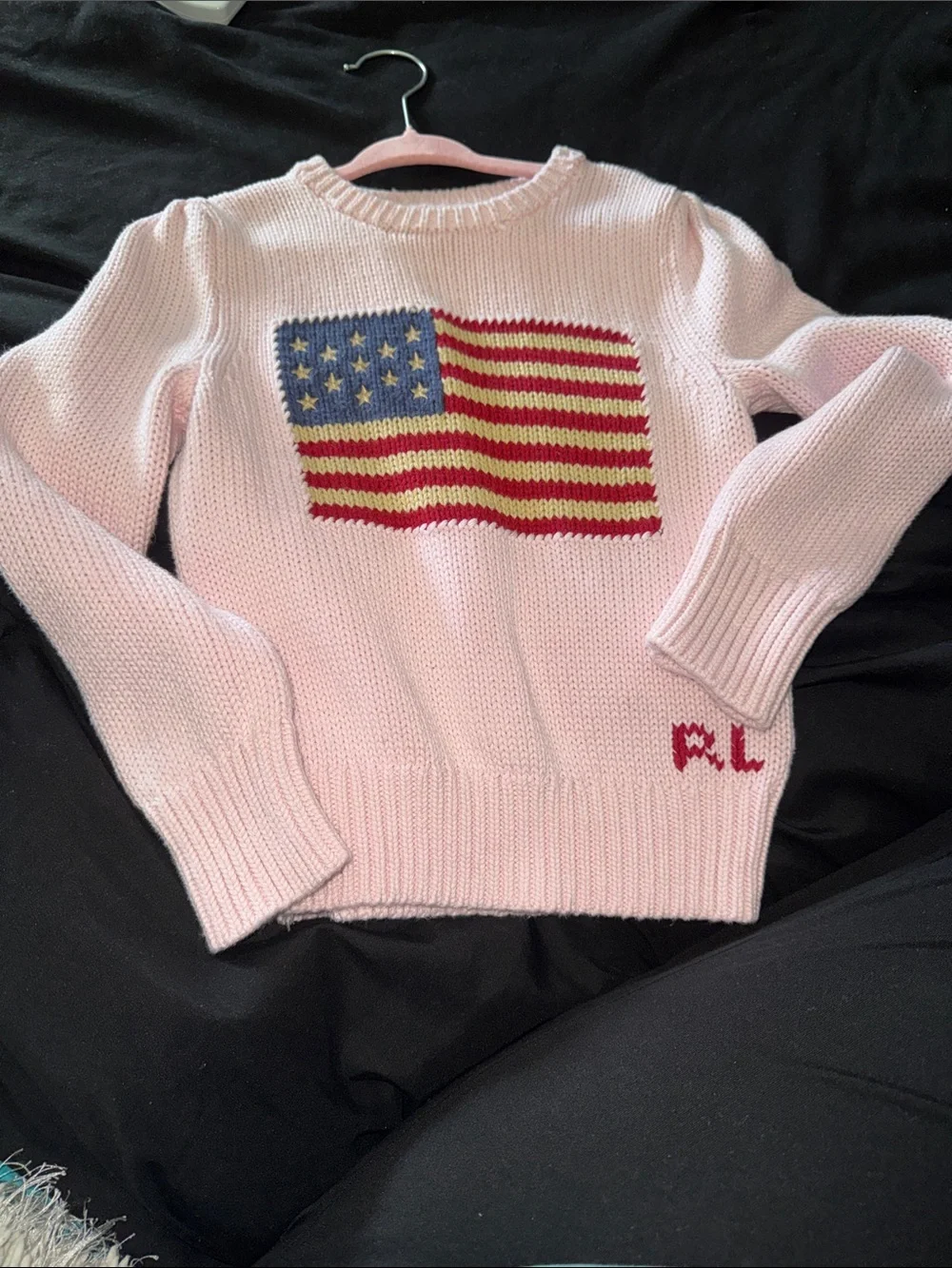 Little girls Ralph Lauren Light Pink Flag Intarsia Crewneck Sweater