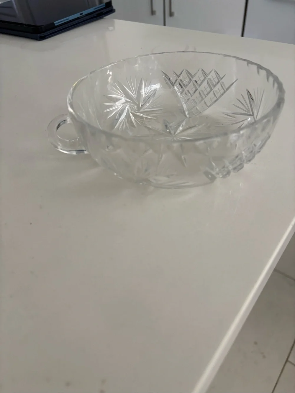 Cut Glass Crystal Serving Bowl with Handle - Clear
