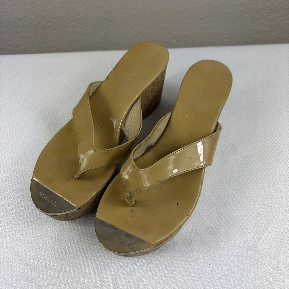 Jimmy Choo Pathos patent leather  thong slip-on cork wedge sandals woman 37.5