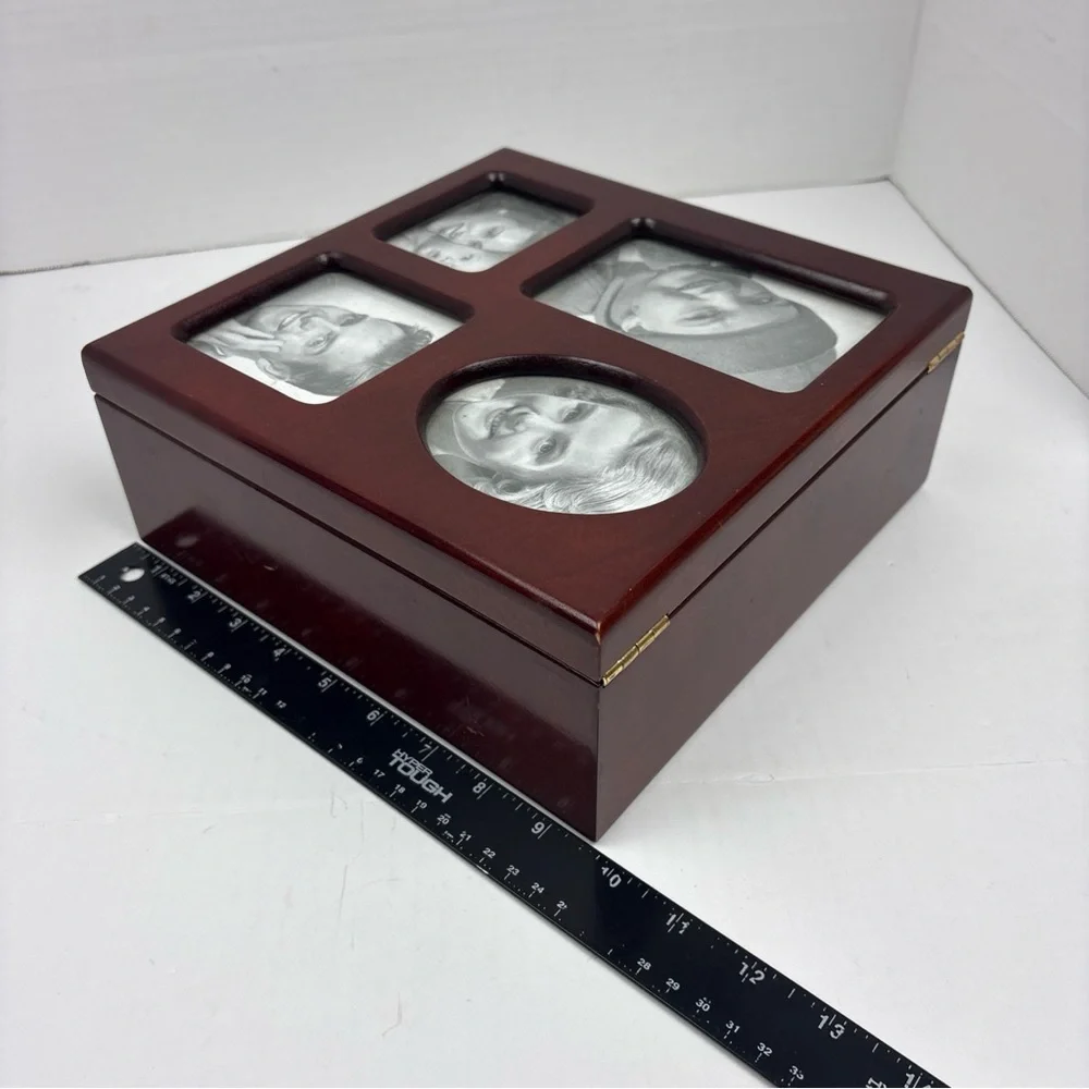 Photo Wood Box Glass Four Photo Lid Collectible Memory Keepsake Holder Storage
