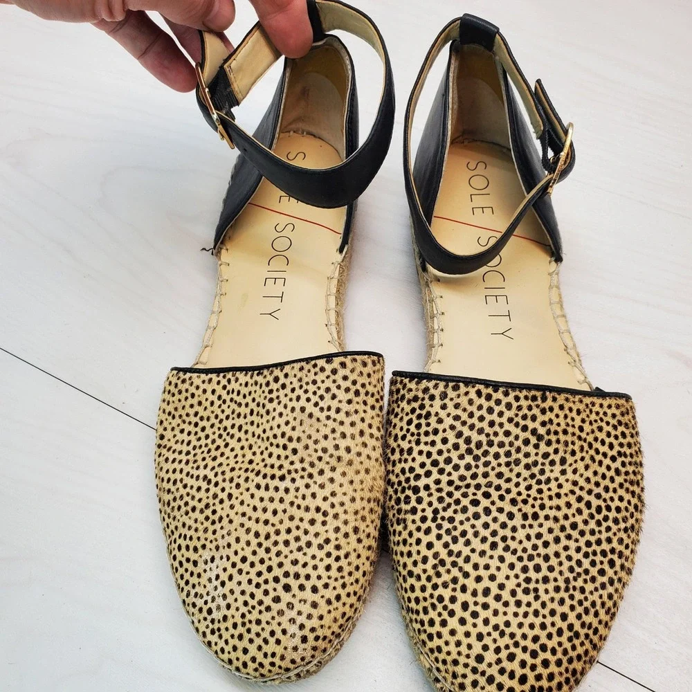 Sole Society Leopard Print Calf Hair Espadrille Ankle Strap Flats Womens 9M 40