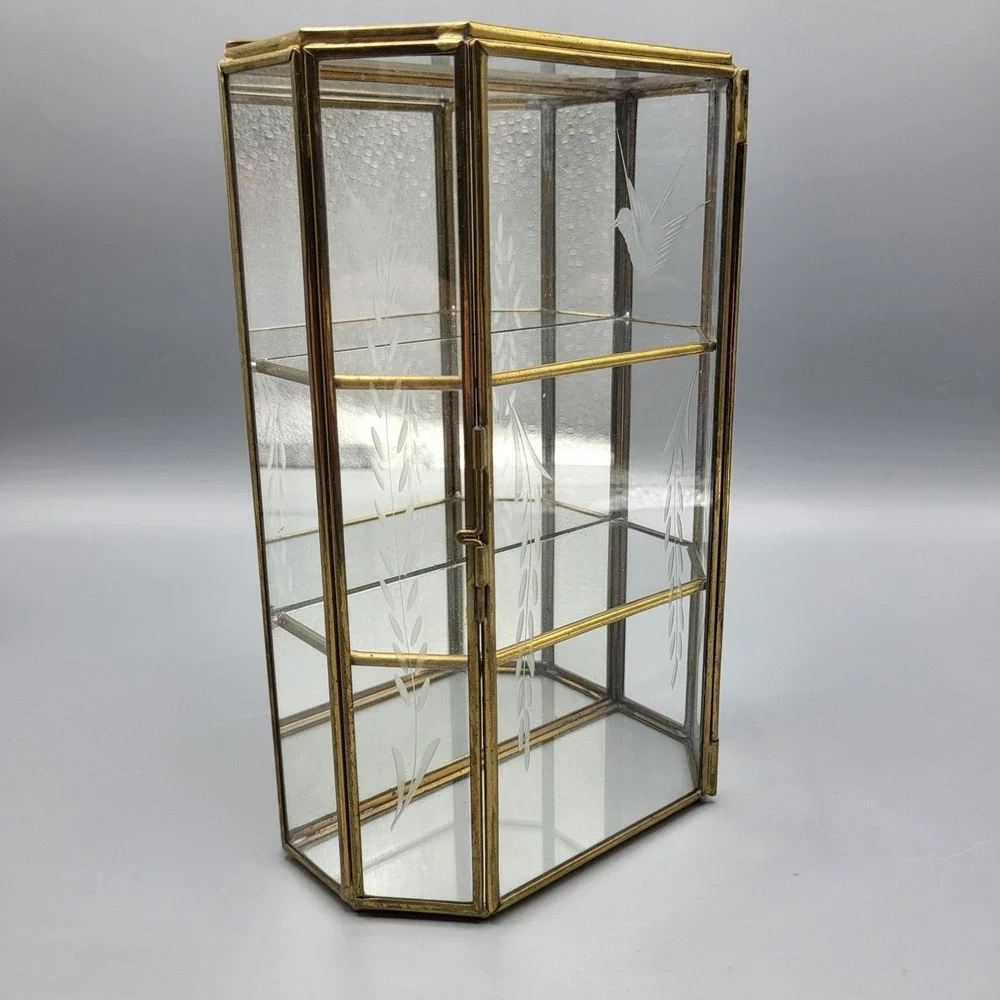 Vintage Tabletop Curio Display Case Small Etched Glass Brass Mirrored Back Gold