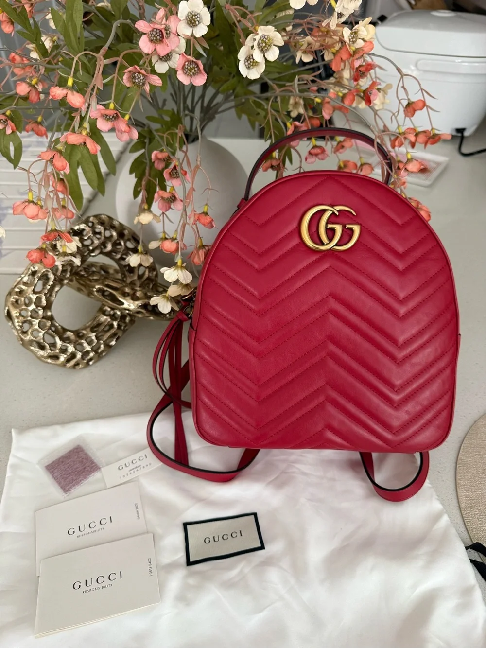Authentic Gucci GG Marmont Mini Backpack Red Matelassé Leather