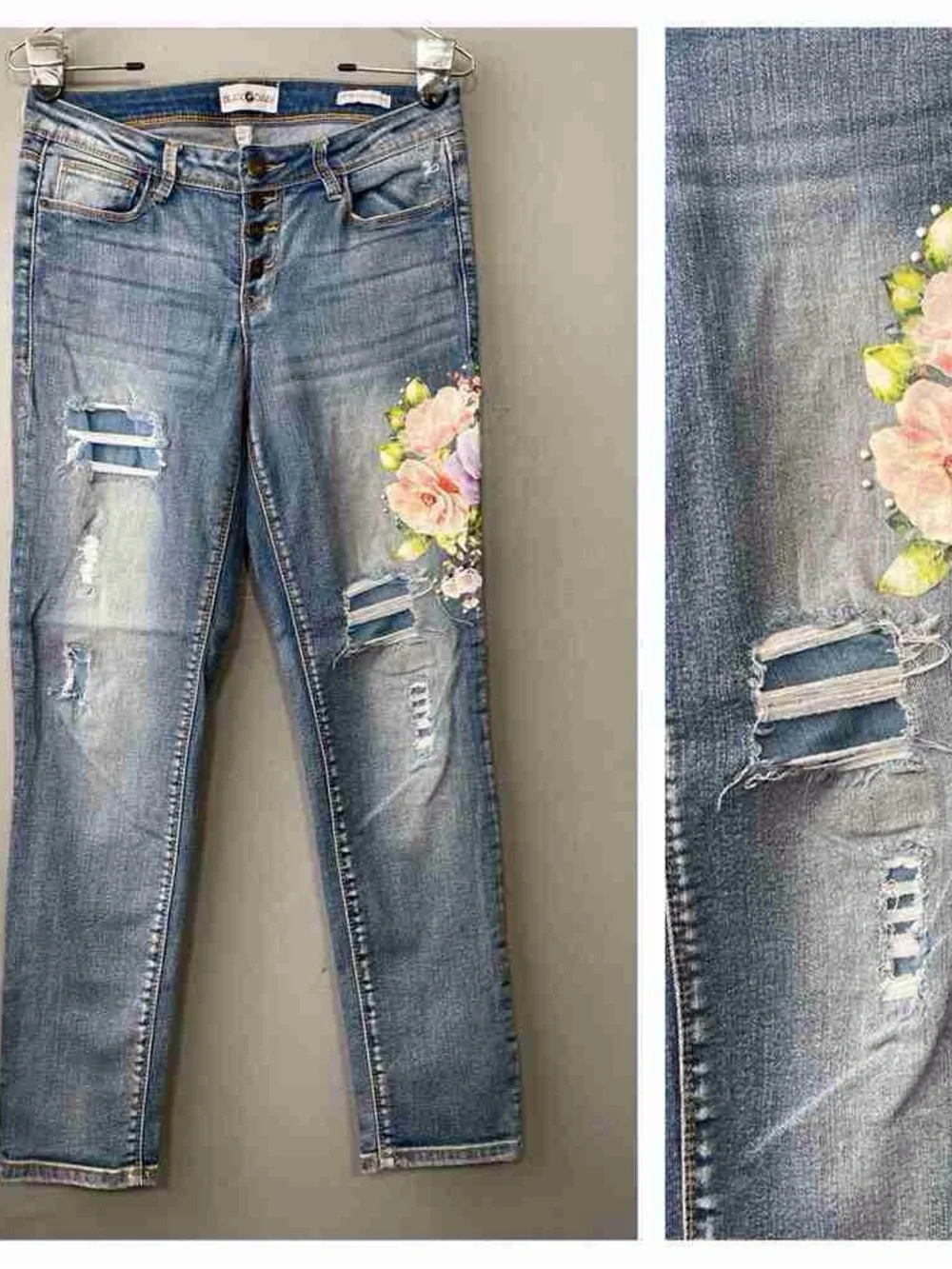 Daisy Blue Skinny Jeans with Pink Floral Accent