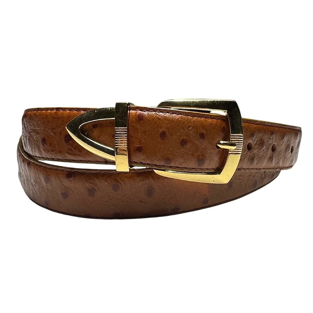 Irvine Park Mens Cognac‎ Ostrich Embossed Italian Leather Belt Gold Hardware 2XL