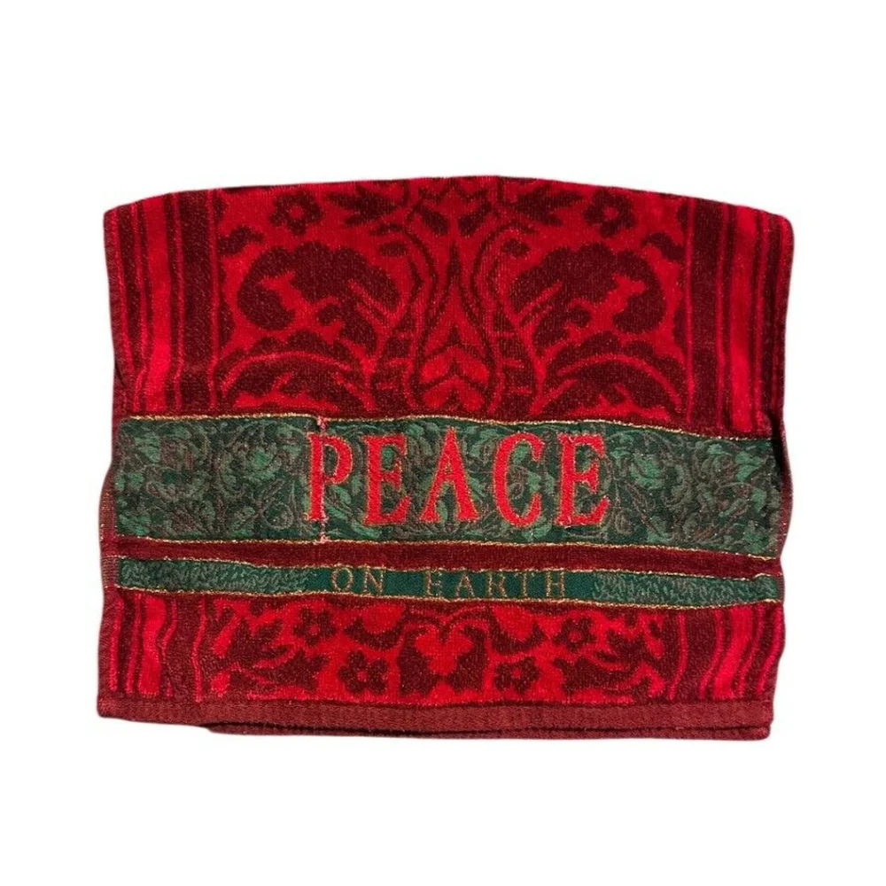 Vintage Christmas Holiday Guest Hand Towel Peace On Earth Embroidered 14” X 22”