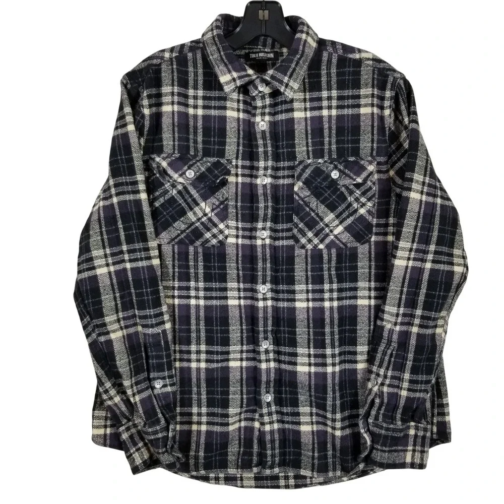 True Religion Mens Plaid Flannel Shirt‎ Purple Black Logo Graphic Small S
