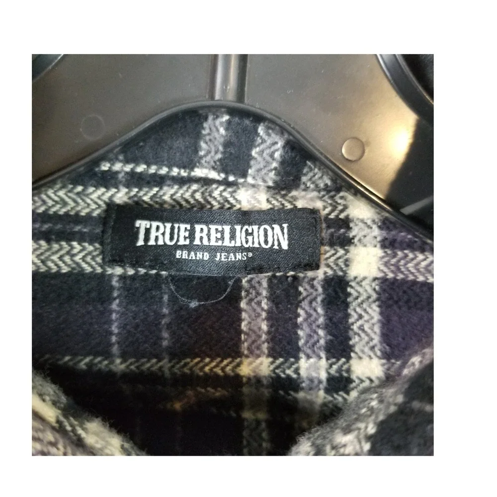 True Religion Mens Plaid Flannel Shirt‎ Purple Black Logo Graphic Small S