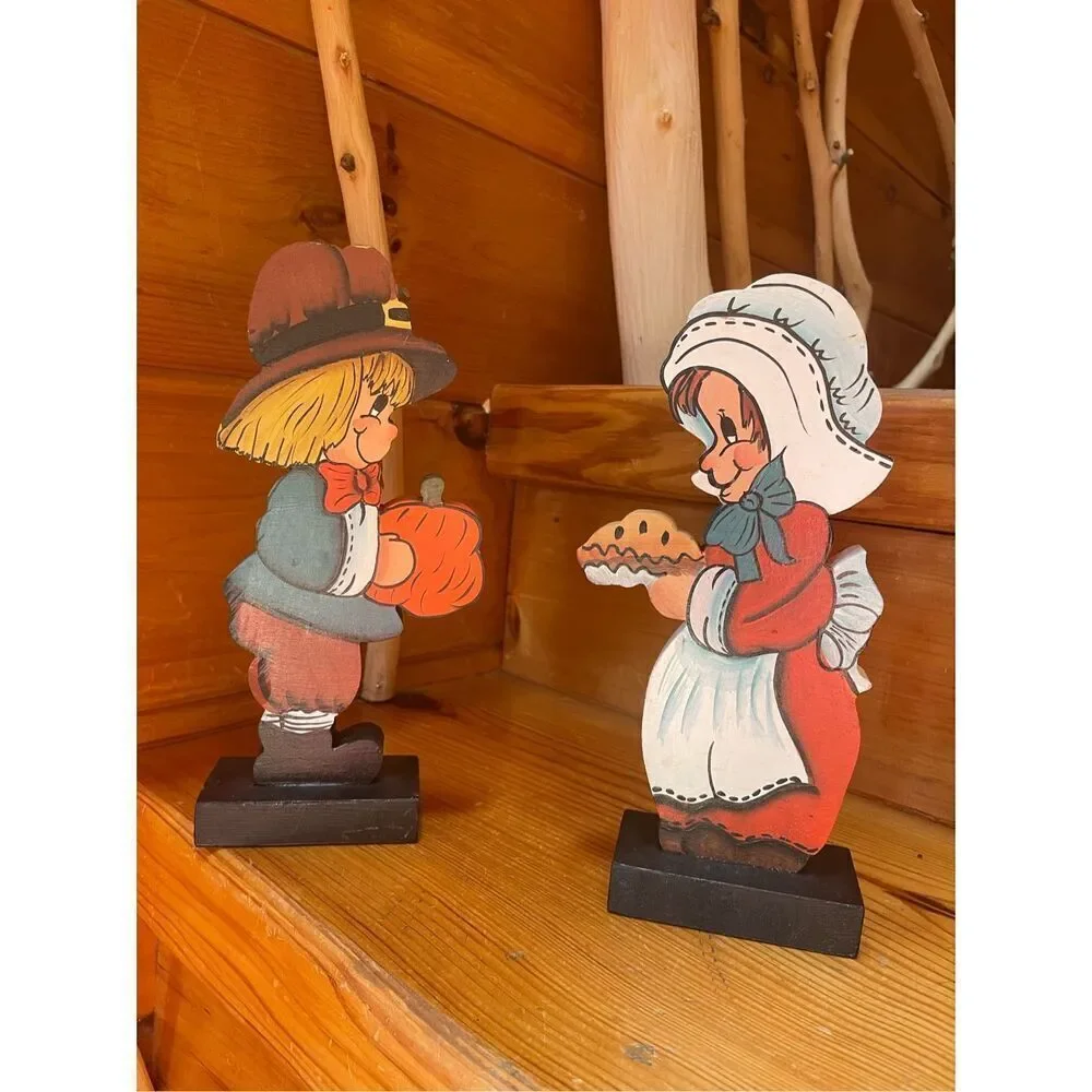 Thanksgiving Pilgrims Decor Wooden Vintage Hand Painted