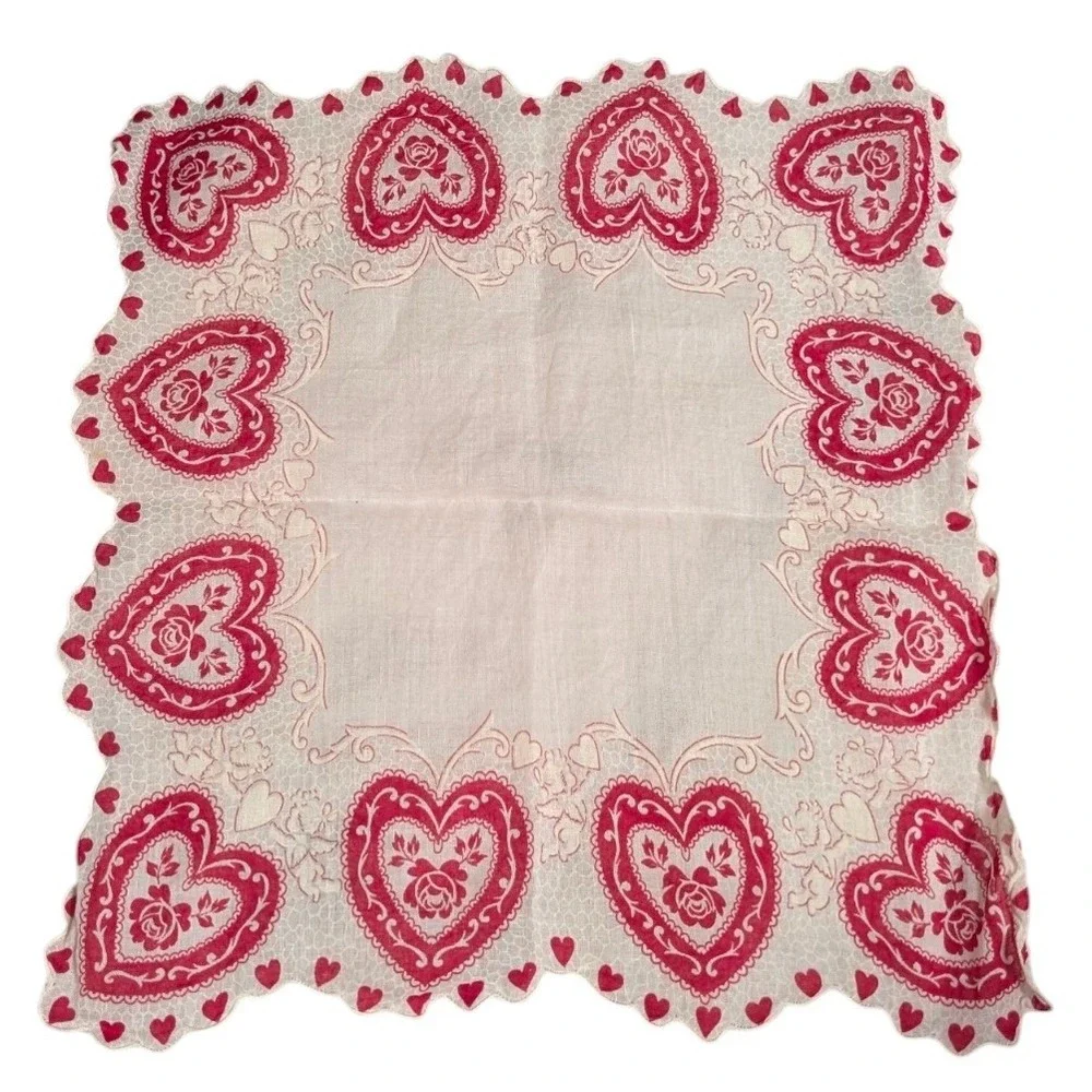 Vintage Heart Rose Scalloped Table Topper Red White Square Napkin 12.5in