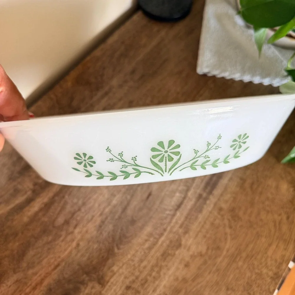 Vintage Unmarked Glasbake Green‎ Daisy Divided Milk Glass Casserole Dish 70s