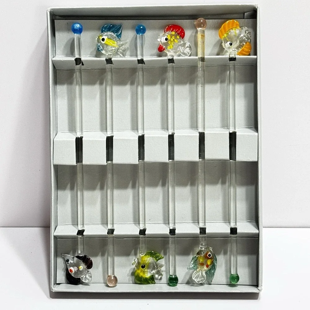 Fish Ocean WORLD MARKET glass stir sticks  set of 6 Beach Vacation Fun Whimsical