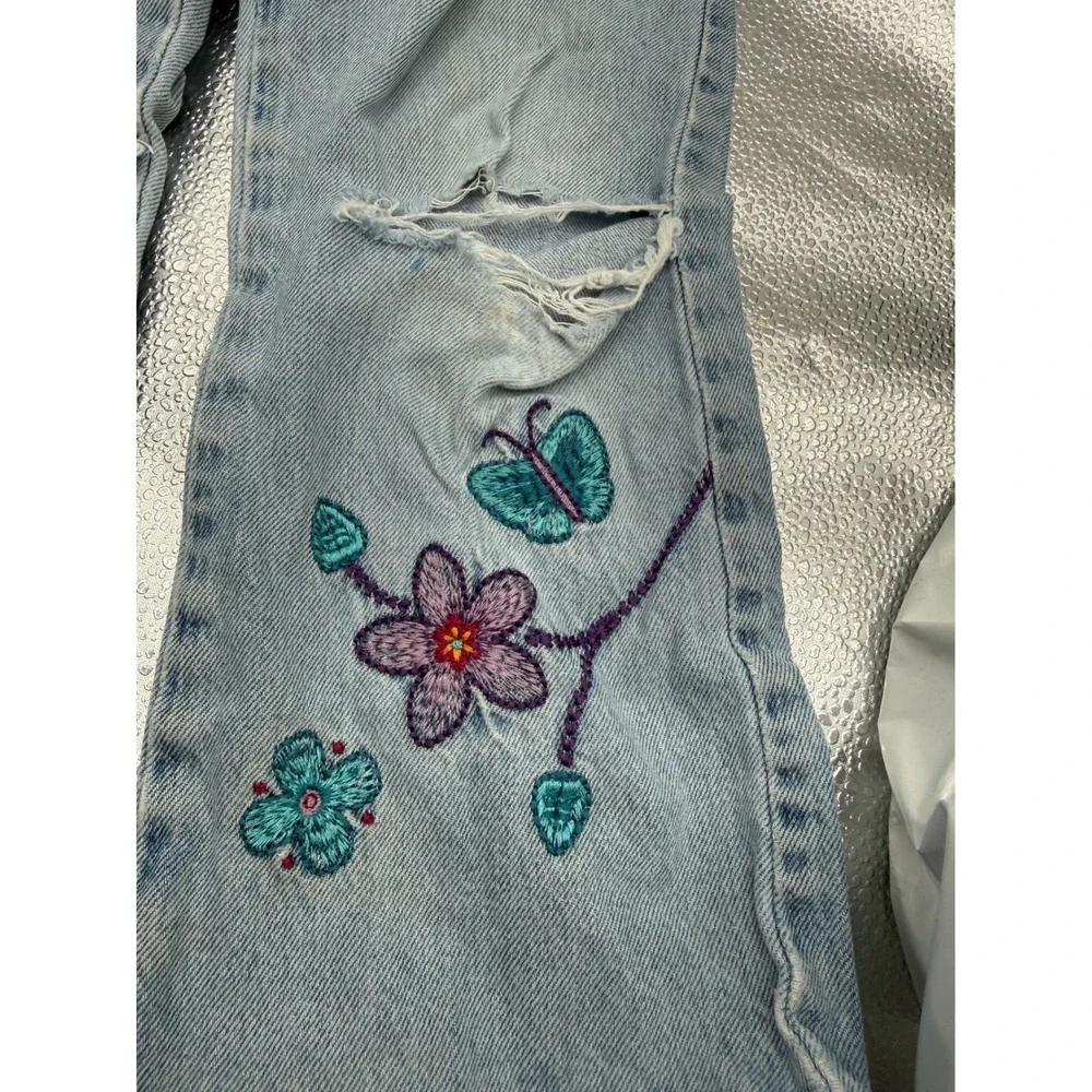OshKosh B'gosh‎ Wide Jeans Girls 6X Blue Embroidered Butterfly Ripped Y2K FLAWED