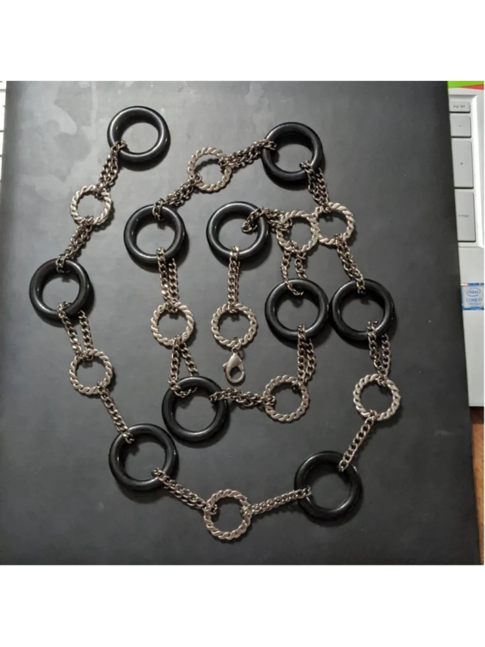 Gunmetal Black Chain and Black Plastic Ring Statement Belt Waist Metal Chain