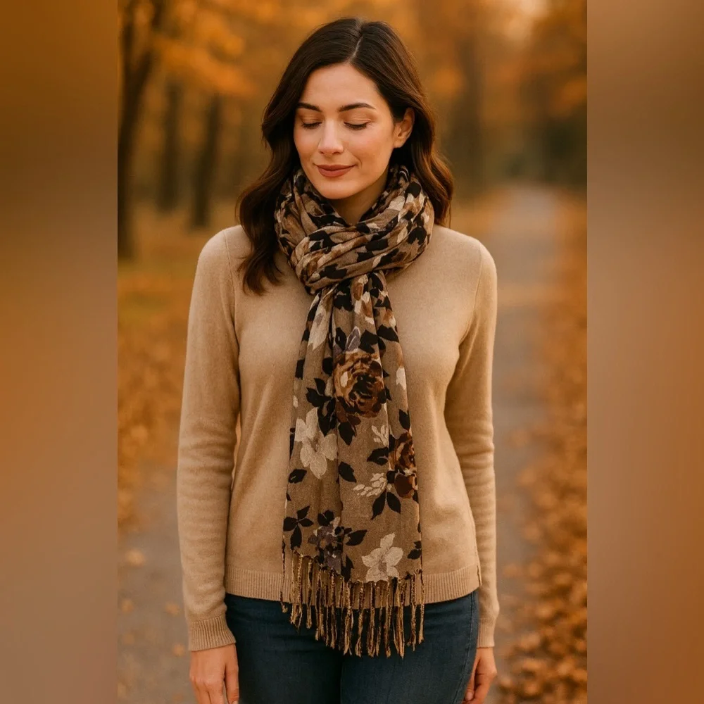 Neutral Taupe Floral Scarf with Fringe | Elegant Fall Wrap EUC 28