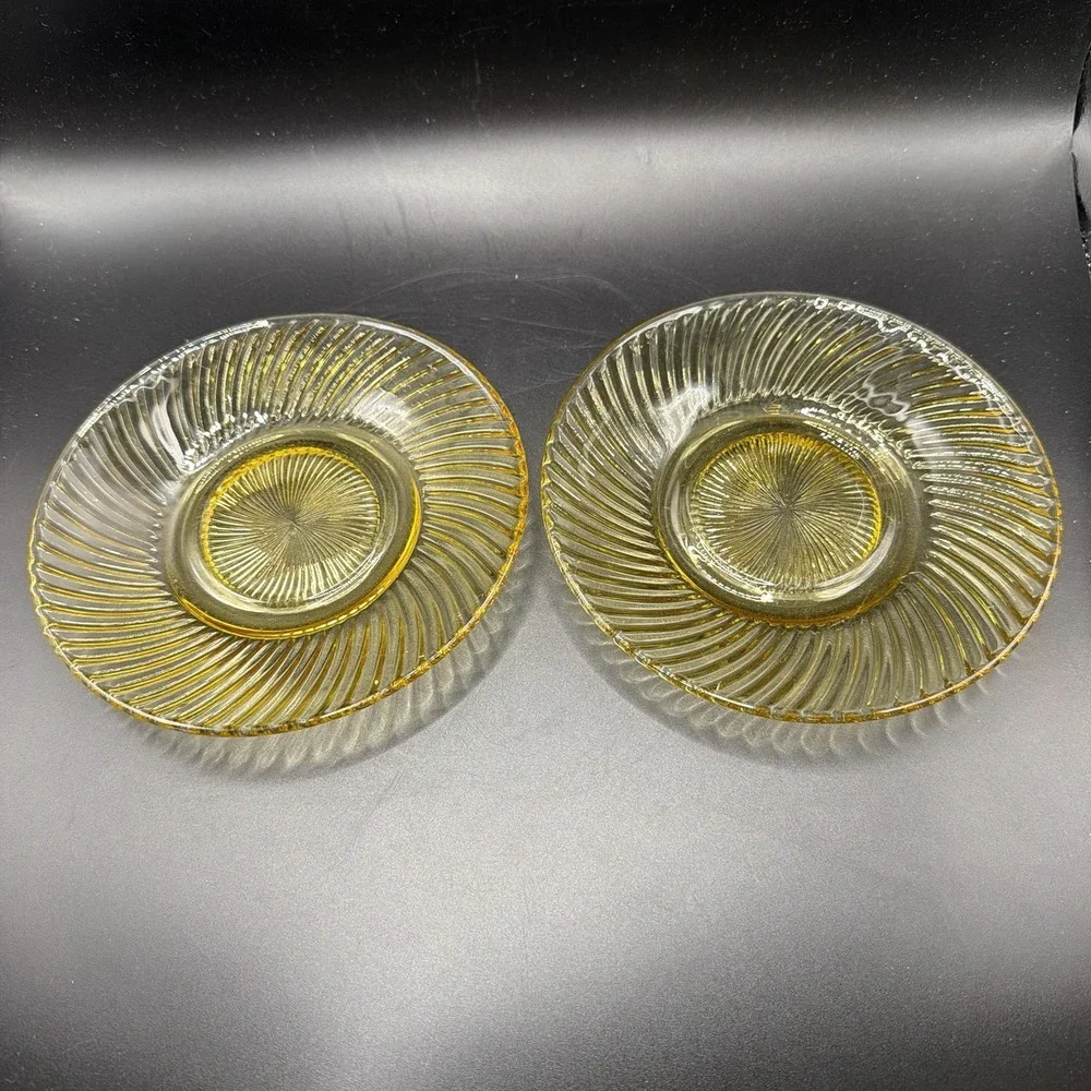 Vintage Federal Glass Co Pressed  Glass Saucers Amber Diana Swirl Pattern S/2