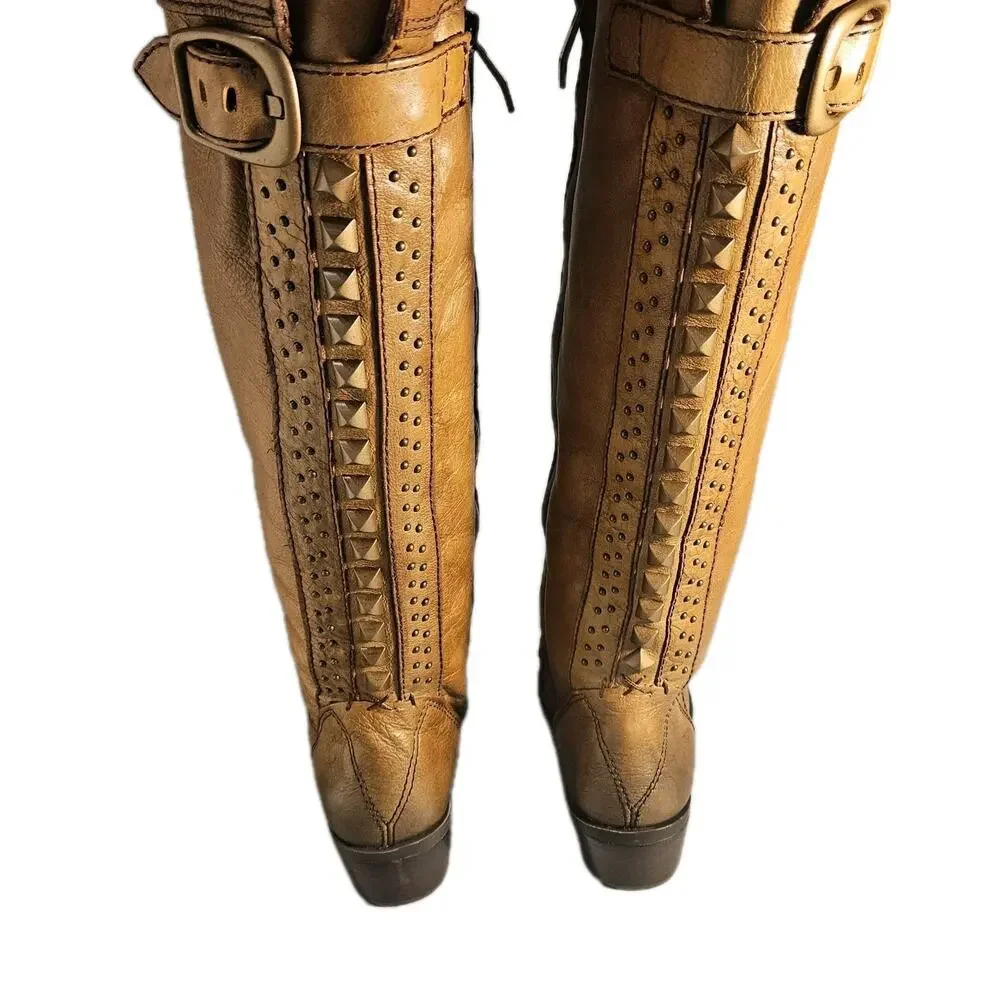 Vince Camuto Women Sz 5.5 M Over-the -knee BOLLO Moto -Boot Studs, Zip, Brown