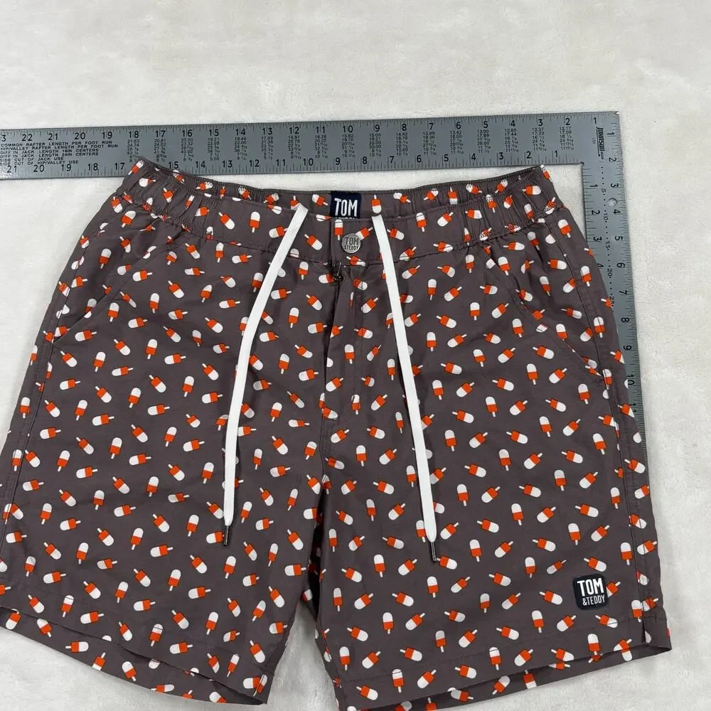 Tom & Teddy Mens Swim Shorts Grey Orange Popsicle Print Drawstring Mesh Lined M