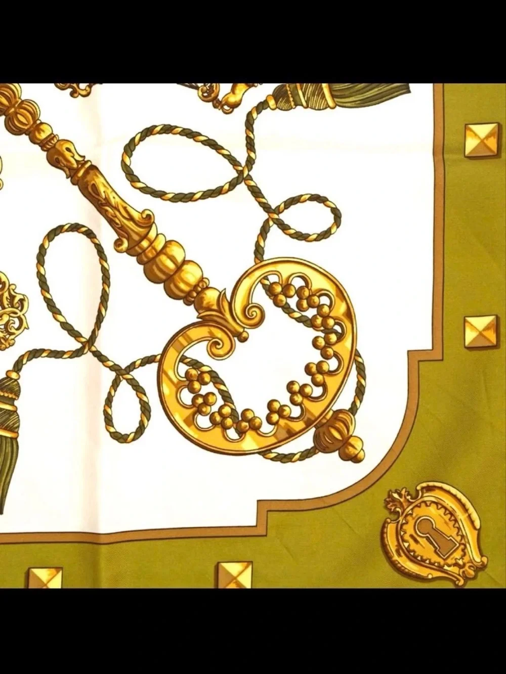Hermes Olive Green White Gold Key Motif Silk Scarf