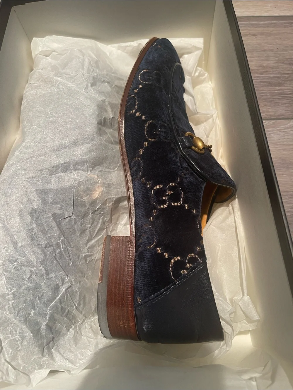Gucci Navy Velvet Horsebit Slip-On Loafers
