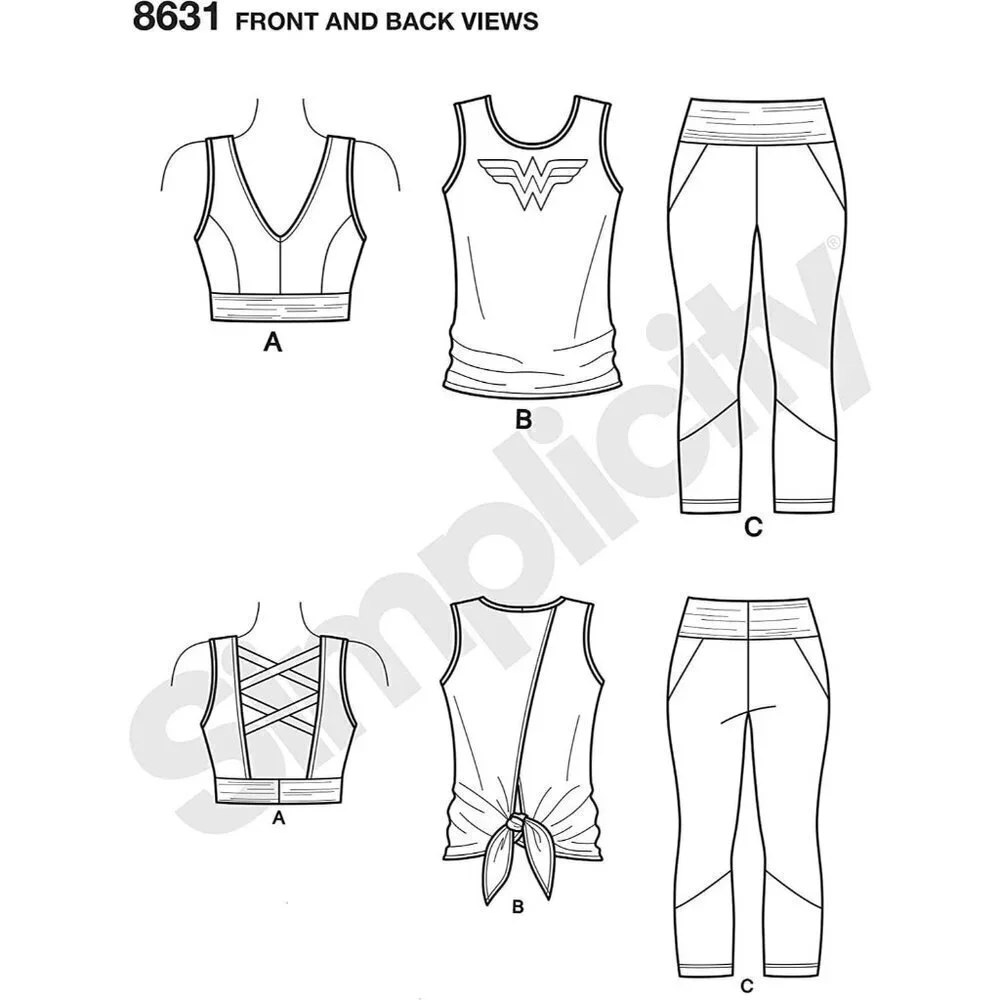 Simplicity Sewing Pattern 8631 0948 Wonder Woman Knit Sports Bra Top‎ Leggings